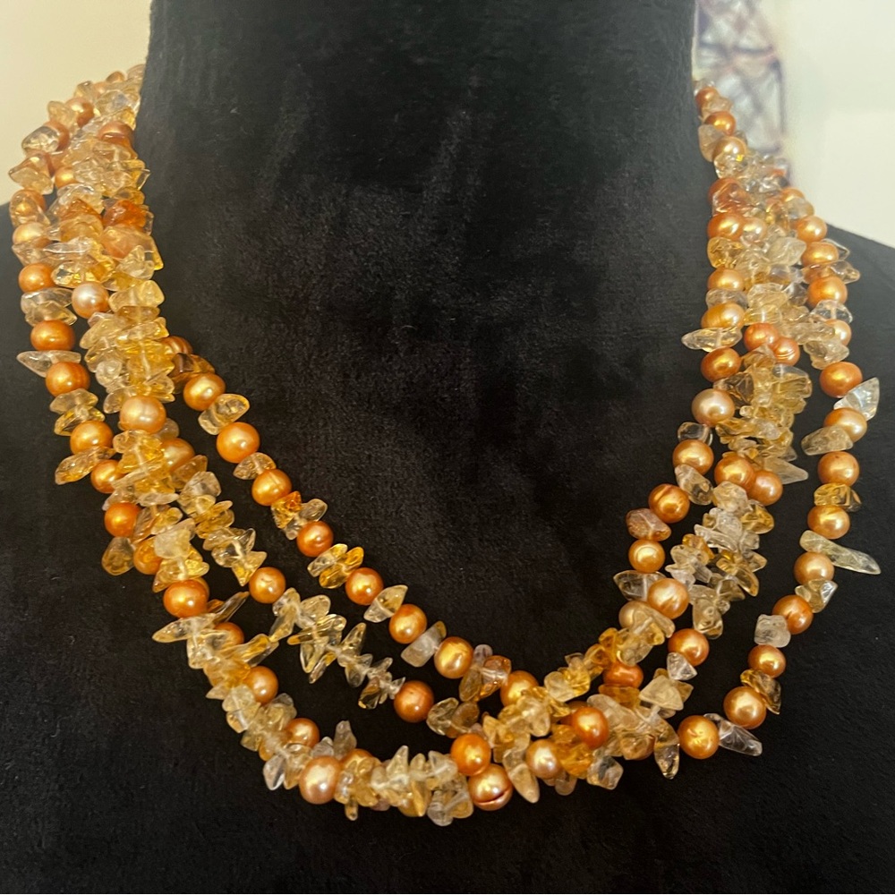 Rose gold pearl necklace and earrings